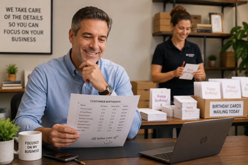 Business owner get help sending his birthday cards so he can concentrate on his business