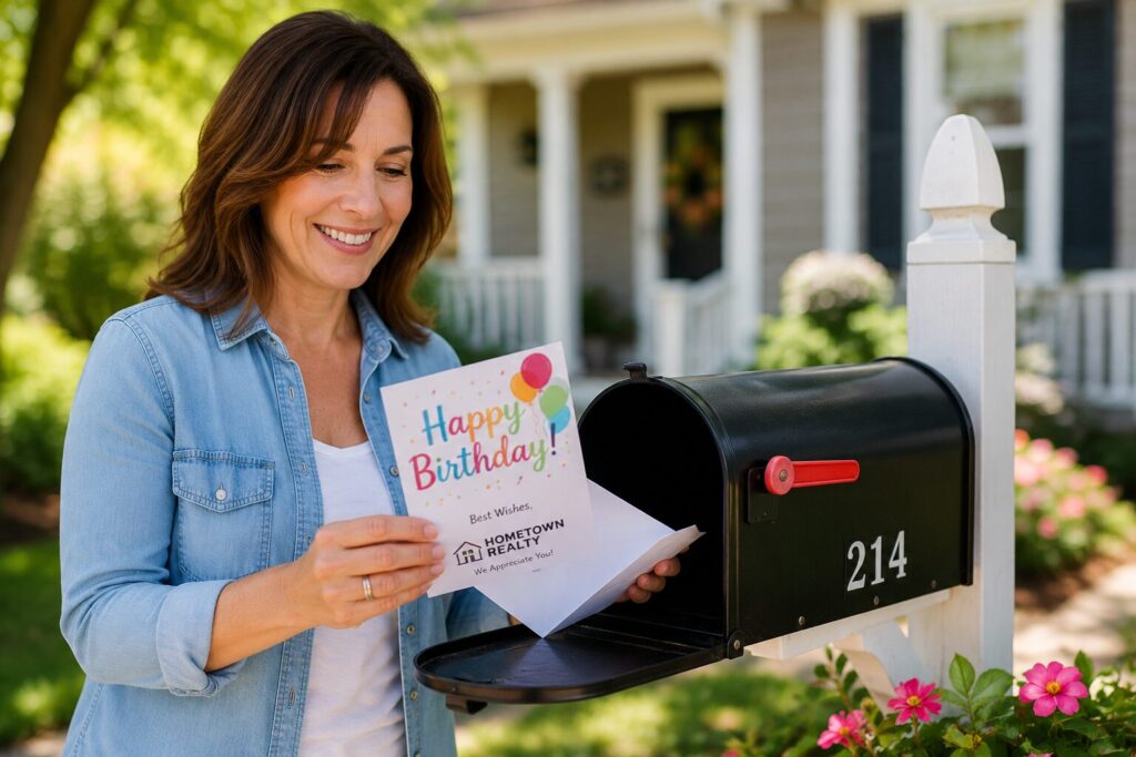 Smiling customer receives personalized business birthday card